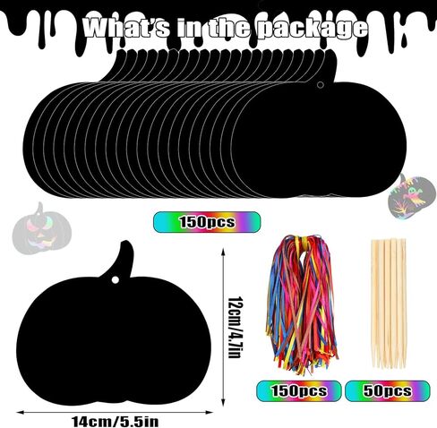 Jenaai 150 Set Halloween Scratch Art Halloween Paper Crafts Kit, 50 Pumpkin Scratch Cards Ornaments 50 Wooden Sticks 150 Ribbons for Rainbow Art Trick or Treat Party Supplies Game Goodies Gifts in Kuwait
