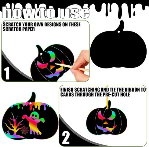 Jenaai 150 Set Halloween Scratch Art Halloween Paper Crafts Kit, 50 Pumpkin Scratch Cards Ornaments 50 Wooden Sticks 150 Ribbons for Rainbow Art Trick or Treat Party Supplies Game Goodies Gifts in Kuwait