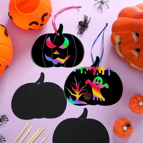 Jenaai 150 Set Halloween Scratch Art Halloween Paper Crafts Kit, 50 Pumpkin Scratch Cards Ornaments 50 Wooden Sticks 150 Ribbons for Rainbow Art Trick or Treat Party Supplies Game Goodies Gifts in Kuwait