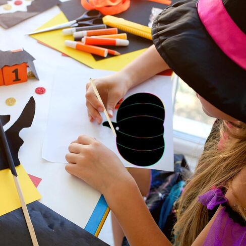 Jenaai 150 Set Halloween Scratch Art Halloween Paper Crafts Kit, 50 Pumpkin Scratch Cards Ornaments 50 Wooden Sticks 150 Ribbons for Rainbow Art Trick or Treat Party Supplies Game Goodies Gifts in Kuwait