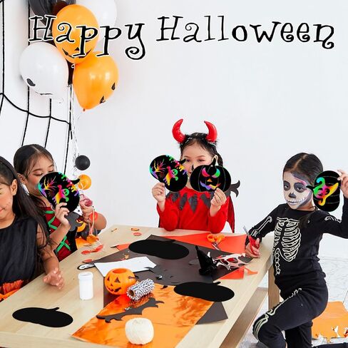 Jenaai 150 Set Halloween Scratch Art Halloween Paper Crafts Kit, 50 Pumpkin Scratch Cards Ornaments 50 Wooden Sticks 150 Ribbons for Rainbow Art Trick or Treat Party Supplies Game Goodies Gifts in Kuwait