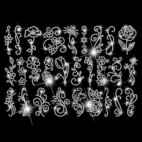SUPERDANT 28PCS Flowers and Patterns Heat Transfer Rhinestones Bling Swirl Vines Iron On Transfers Decals DIY Crystal Hotfix Transfer Stickers Crystal for T-Shirt Clothing Bags Hats Jeans Decor Gifts in Saudi Arabia