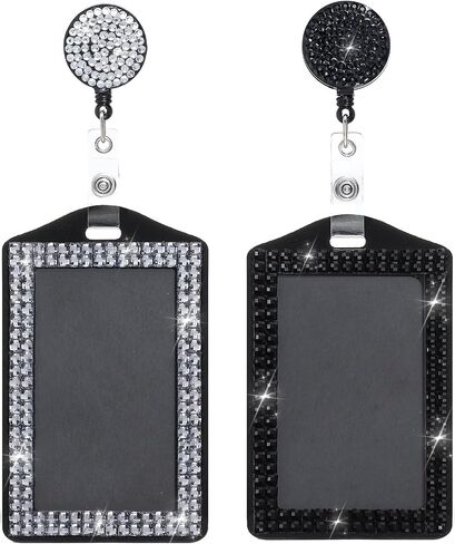 2 PCS BLING ID شارة شارة ، حامل الشارة العمودي قابلة للسحب الكريستال الشحول الحبل الحلقات الراين الاسم شارات العمل الراين المحفوف شارات بكرة كليب للمكتب البيت الأسود الأبيض in Kuwait