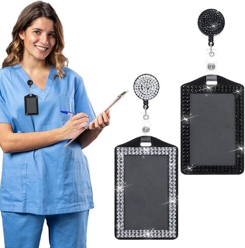 2 PCS BLING ID شارة شارة ، حامل الشارة العمودي قابلة للسحب الكريستال الشحول الحبل الحلقات الراين الاسم شارات العمل الراين المحفوف شارات بكرة كليب للمكتب البيت الأسود الأبيض in Kuwait