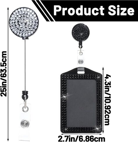 2 PCS BLING ID شارة شارة ، حامل الشارة العمودي قابلة للسحب الكريستال الشحول الحبل الحلقات الراين الاسم شارات العمل الراين المحفوف شارات بكرة كليب للمكتب البيت الأسود الأبيض in Kuwait
