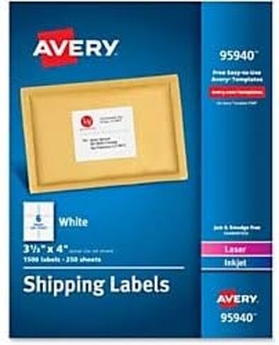 Avery 95940 ملصقات شحن بيضاء ، حبر/ليزر ، 3 1/3 × 4 ، أبيض ، 1500/صندوق in Kuwait