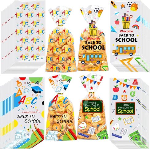 BCCSNNM 100Pcs Halloween Cellophane Treat Bags,Halloween Candy Bags with 100 Twist Ties,Snacks Cookies Gift Bag for Party Favors Supplies(8Designs) in Kuwait