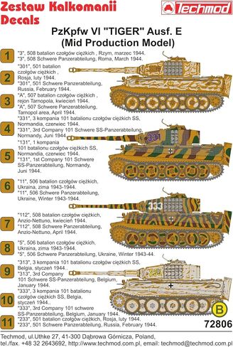 Techmod 72806 1/72 Pz.Kpfw.VI Tiger Ausf.E Tank mid Production Wet Decal 1944 in Saudi Arabia