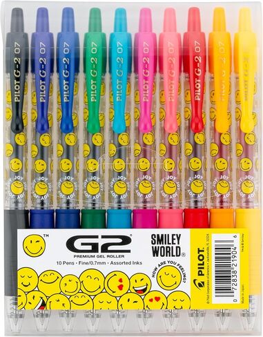 PILOT, G2 Premium Gel Roller Pens, G2 x SmileyWorld® Collection, Write Happier, 10 Pack Pouch, Fine Point 0.7 mm, Assorted in Saudi Arabia