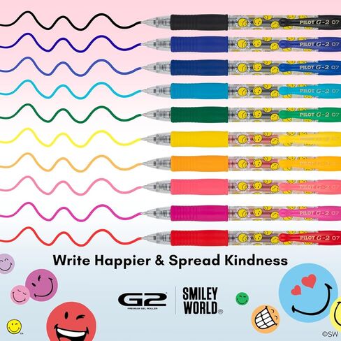 PILOT, G2 Premium Gel Roller Pens, G2 x SmileyWorld® Collection, Write Happier, 10 Pack Pouch, Fine Point 0.7 mm, Assorted in Saudi Arabia