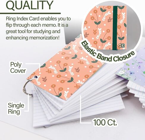 BAZIC Index Cards 3x5 Inches, Index Cards with Ring, Cute Floral Poly Cover, White Ruled, 100 Count, Flash Cards Notecards for Studying Learning Student School College Office, 6-Pack in Saudi Arabia