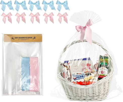 EKAPACKAGING 24x30 Inches 10 Pcs Large Cellophane Bags for Gift Baskets, Plastic Gift Basket Wrapping with Ribbons, Clear Cellophane Gift Bags for Party, Mother’s Day, Baby Showers, Christmas in Kuwait