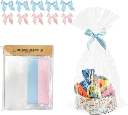 EKAPACKAGING 24x30 Inches 10 Pcs Large Cellophane Bags for Gift Baskets, Plastic Gift Basket Wrapping with Ribbons, Clear Cellophane Gift Bags for Party, Mother’s Day, Baby Showers, Christmas in Kuwait