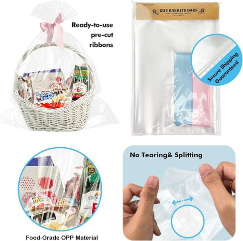 EKAPACKAGING 24x30 Inches 10 Pcs Large Cellophane Bags for Gift Baskets, Plastic Gift Basket Wrapping with Ribbons, Clear Cellophane Gift Bags for Party, Mother’s Day, Baby Showers, Christmas in Kuwait