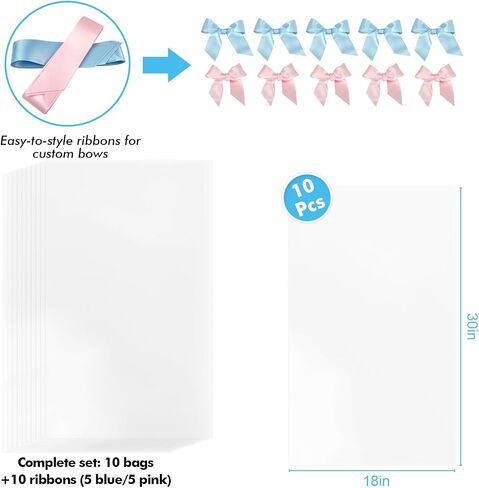 EKAPACKAGING 24x30 Inches 10 Pcs Large Cellophane Bags for Gift Baskets, Plastic Gift Basket Wrapping with Ribbons, Clear Cellophane Gift Bags for Party, Mother’s Day, Baby Showers, Christmas in Kuwait