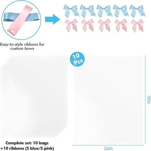 EKAPACKAGING 24x30 Inches 10 Pcs Large Cellophane Bags for Gift Baskets, Plastic Gift Basket Wrapping with Ribbons, Clear Cellophane Gift Bags for Party, Mother’s Day, Baby Showers, Christmas in Kuwait