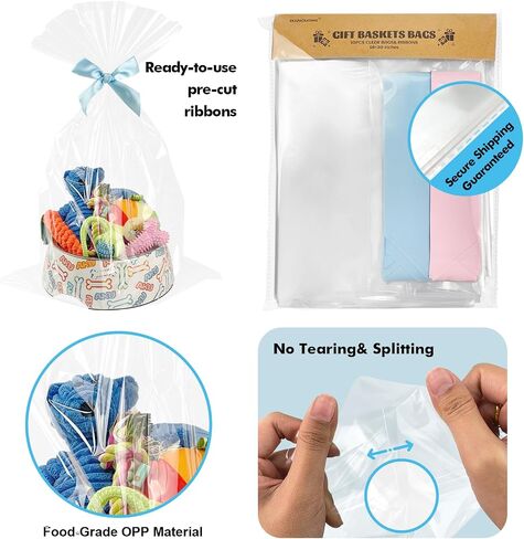 EKAPACKAGING 24x30 Inches 10 Pcs Large Cellophane Bags for Gift Baskets, Plastic Gift Basket Wrapping with Ribbons, Clear Cellophane Gift Bags for Party, Mother’s Day, Baby Showers, Christmas in Kuwait
