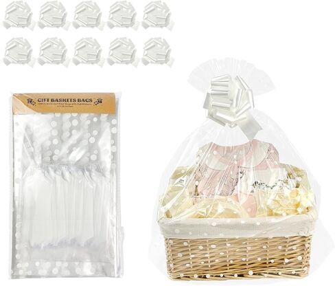 EKAPACKAGING 24x30 Inches 10 Pcs Large Cellophane Bags for Gift Baskets, Plastic Gift Basket Wrapping with Ribbons, Clear Cellophane Gift Bags for Party, Mother’s Day, Baby Showers, Christmas in Kuwait