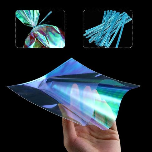 120 Pcs Iridescent Cellophane Bag Holographic Treat Bags Iridescent Party Favor with 200 Pieces Twist Ties for Party Wedding Birthday Supply(5 x 7 Inch) in Saudi Arabia