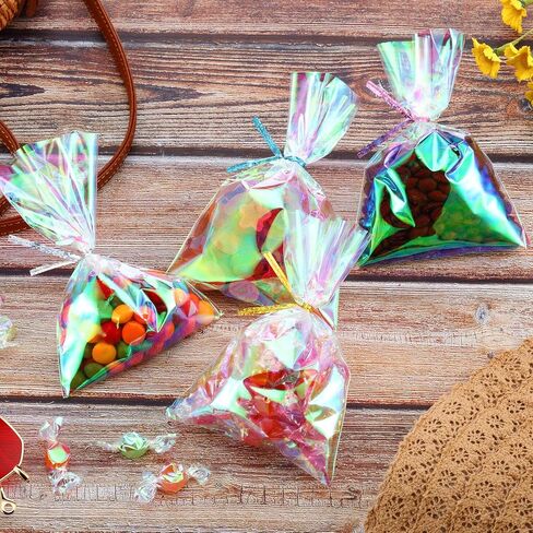 120 Pcs Iridescent Cellophane Bag Holographic Treat Bags Iridescent Party Favor with 200 Pieces Twist Ties for Party Wedding Birthday Supply(5 x 7 Inch) in Saudi Arabia