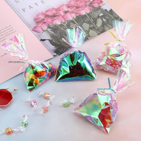 120 Pcs Iridescent Cellophane Bag Holographic Treat Bags Iridescent Party Favor with 200 Pieces Twist Ties for Party Wedding Birthday Supply(5 x 7 Inch) in Saudi Arabia