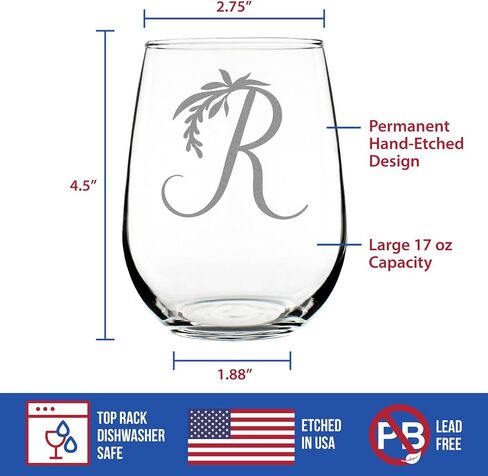 Monogram Floral Letter R - كأس نبيذ بدون جذع - هدايا شخصية للنساء والرجال - أكواب كبيرة منقوشة بوزن 17 أونصة in Saudi Arabia