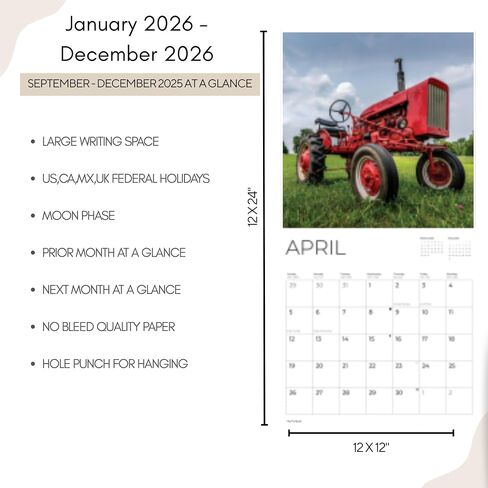 Vintage Tractors 2026 Wall Calendar | 12" x 24" Open | Farm Photography Thick & Sturdy Paper for Organizing & Planning | Office Kitchen Decor or Gift | Pacific Waters Press in Saudi Arabia