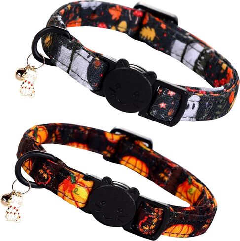 أنيقة Little Tail Halloween Cat Cat-2 Pack Pumpkin Prumber Cotton Cotton Catway Cat مع جرس قلادة هريرة الصبي الفتاة طوق قابل للتعديل للقطط الصغيرة جرو in Saudi Arabia