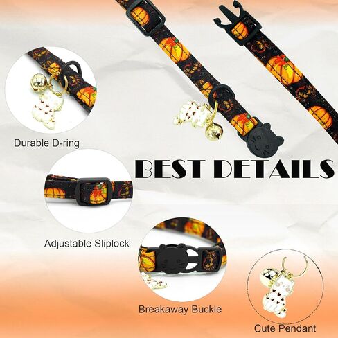 أنيقة Little Tail Halloween Cat Cat-2 Pack Pumpkin Prumber Cotton Cotton Catway Cat مع جرس قلادة هريرة الصبي الفتاة طوق قابل للتعديل للقطط الصغيرة جرو in Saudi Arabia