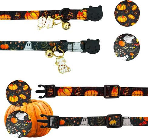 أنيقة Little Tail Halloween Cat Cat-2 Pack Pumpkin Prumber Cotton Cotton Catway Cat مع جرس قلادة هريرة الصبي الفتاة طوق قابل للتعديل للقطط الصغيرة جرو in Saudi Arabia