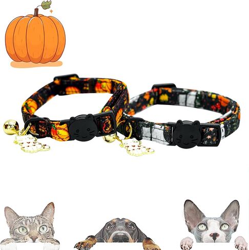 أنيقة Little Tail Halloween Cat Cat-2 Pack Pumpkin Prumber Cotton Cotton Catway Cat مع جرس قلادة هريرة الصبي الفتاة طوق قابل للتعديل للقطط الصغيرة جرو in Saudi Arabia