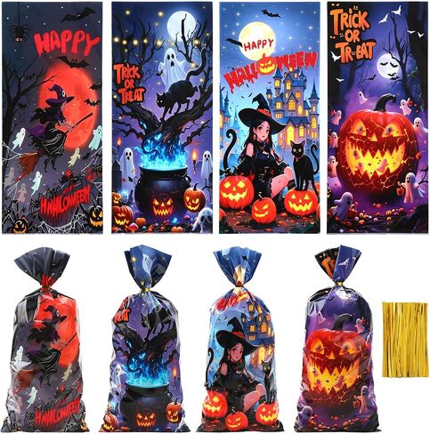 Halloween Cellophane Treat Bags, 100 Pcs Plastic Trick or Treat Candy Goodie Gift Bags with Twist Ties, 4 Style Clear Cookies Snack Goody Bag for Halloween Birthday Party Favors Supplies 10.8 X 4.9 In in Saudi Arabia