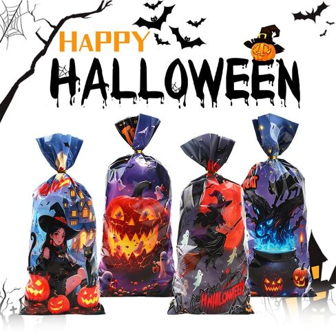 Halloween Cellophane Treat Bags, 100 Pcs Plastic Trick or Treat Candy Goodie Gift Bags with Twist Ties, 4 Style Clear Cookies Snack Goody Bag for Halloween Birthday Party Favors Supplies 10.8 X 4.9 In in Saudi Arabia