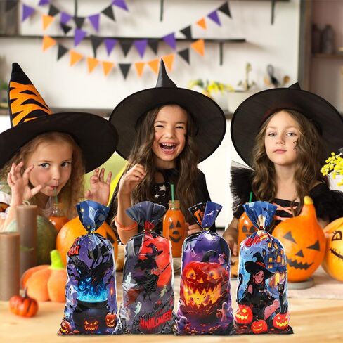 Halloween Cellophane Treat Bags, 100 Pcs Plastic Trick or Treat Candy Goodie Gift Bags with Twist Ties, 4 Style Clear Cookies Snack Goody Bag for Halloween Birthday Party Favors Supplies 10.8 X 4.9 In in Saudi Arabia