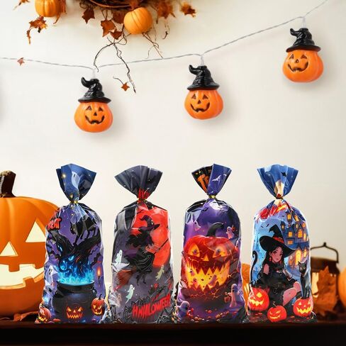 Halloween Cellophane Treat Bags, 100 Pcs Plastic Trick or Treat Candy Goodie Gift Bags with Twist Ties, 4 Style Clear Cookies Snack Goody Bag for Halloween Birthday Party Favors Supplies 10.8 X 4.9 In in Saudi Arabia