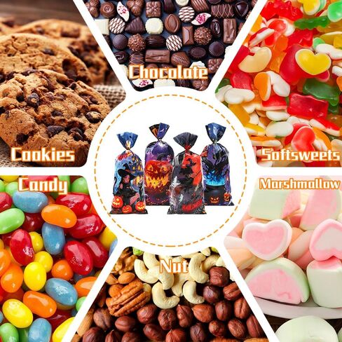 Halloween Cellophane Treat Bags, 100 Pcs Plastic Trick or Treat Candy Goodie Gift Bags with Twist Ties, 4 Style Clear Cookies Snack Goody Bag for Halloween Birthday Party Favors Supplies 10.8 X 4.9 In in Saudi Arabia