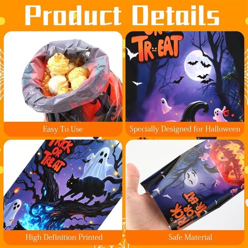 Halloween Cellophane Treat Bags, 100 Pcs Plastic Trick or Treat Candy Goodie Gift Bags with Twist Ties, 4 Style Clear Cookies Snack Goody Bag for Halloween Birthday Party Favors Supplies 10.8 X 4.9 In in Saudi Arabia