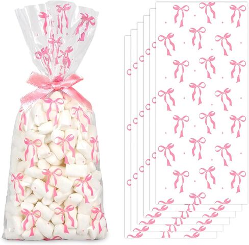 Jarthenaamcs 100pcs أكياس القوس الوردي السيلوفان مع أقواس الشريط واضحة علاج كيس البلاستي in Saudi Arabia