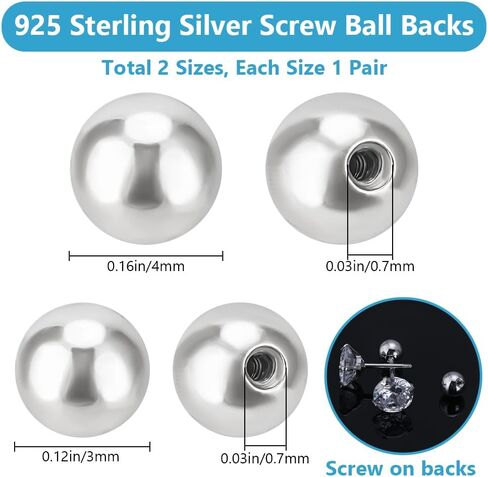 Beebeecraft 3~4mm Screw Ball Backings 925 Sterling Silver Round Ball Earring Stoppers Post Studs for Earring Piercing Supply Findings in Saudi Arabia