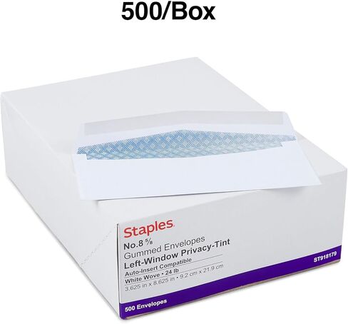 Staples Gummed Security Tinted #8 5/8 نافذة العمل ، 3 5/8 بوصة × 8 5/8 بوصة ، أبيض ، 1000/كرتون (ST918179-CCVS) in Saudi Arabia