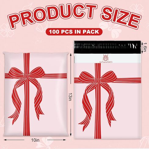 100Pcs Christmas Bow Poly Mailers 10 x 13 Inch Pink Red Bowknot Packaging Bags Self Seal Mailing Envelope Bags for Small Business Clothing in Saudi Arabia