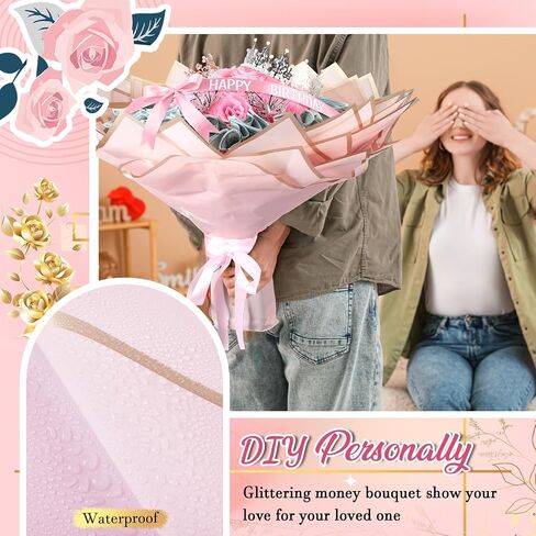 Maysing عيد الشكر أموال باقة كيت 12 PCS بريق الورود 20 ورقة ورقة التفاف ورقة DIY زهرة زهرة الكتل الأزهار ملصق لعيد عيد ميلاد التخرج يوم الأم (الوردي) in Kuwait