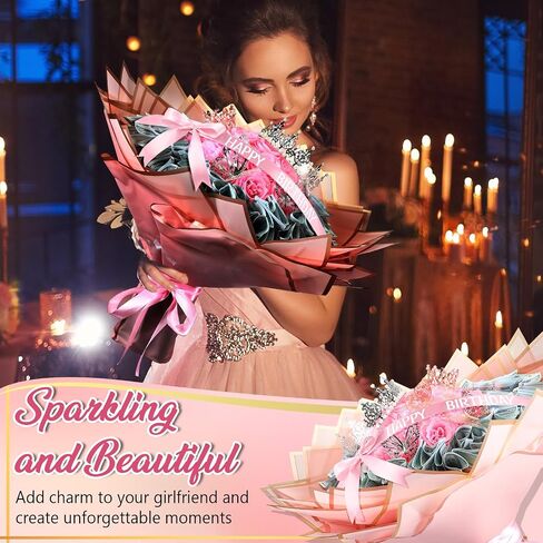 Maysing عيد الشكر أموال باقة كيت 12 PCS بريق الورود 20 ورقة ورقة التفاف ورقة DIY زهرة زهرة الكتل الأزهار ملصق لعيد عيد ميلاد التخرج يوم الأم (الوردي) in Kuwait
