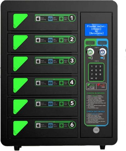 خزانة محطة شحن الهاتف الخليوي الآمنة ، محطة شحن PIN DIGITAL LOCKING BAYS USB ، إعداد سهلة - مثبتة على الحائط أو مكانة على الأرض ، جميع كابلات الشحن من النوع (UNY -LOCKER) in Kuwait
