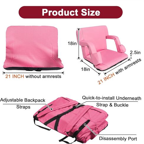 Stadium Seats for Bleachers with Back Support and Thick Padded Cushion,24" Extra Wide Portable Reclining Folding Chair with Optional Arms, 4 Pockets and Shoulder Straps,Big Size,Burgundy in Kuwait
