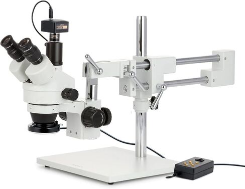 AmScope SM-4TZZ-144A Professional Trinocular Stereo Zoom Microscope, WH10x and WH20x Eyepieces, 3.5X-180X Magnification, 0.7X-4.5X Zoom Objective, Ambient Lighting, Double-Arm Boom Stand, Includes 0.5X and 2.0X Barlow Lens in Kuwait