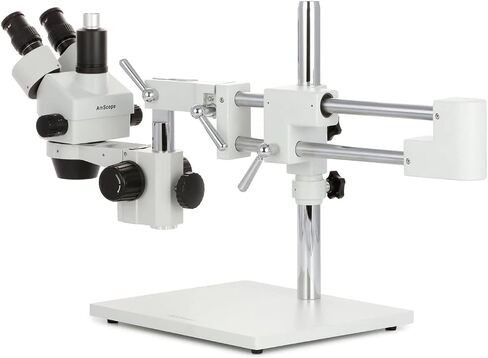 AmScope SM-4TZZ-144A Professional Trinocular Stereo Zoom Microscope, WH10x and WH20x Eyepieces, 3.5X-180X Magnification, 0.7X-4.5X Zoom Objective, Ambient Lighting, Double-Arm Boom Stand, Includes 0.5X and 2.0X Barlow Lens in Kuwait