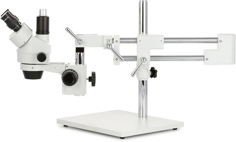 AmScope SM-4TZZ-144A Professional Trinocular Stereo Zoom Microscope, WH10x and WH20x Eyepieces, 3.5X-180X Magnification, 0.7X-4.5X Zoom Objective, Ambient Lighting, Double-Arm Boom Stand, Includes 0.5X and 2.0X Barlow Lens in Kuwait