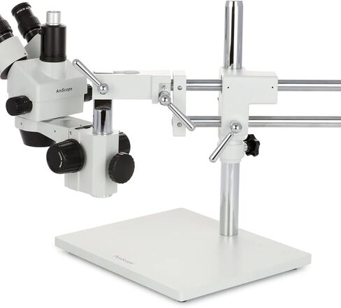 AmScope SM-4TZZ-144A Professional Trinocular Stereo Zoom Microscope, WH10x and WH20x Eyepieces, 3.5X-180X Magnification, 0.7X-4.5X Zoom Objective, Ambient Lighting, Double-Arm Boom Stand, Includes 0.5X and 2.0X Barlow Lens in Kuwait
