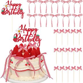 Strawberry Happy Birthday Cake Topper, 10pcs Gingham Ribbon Bows, 15pcs Bow Cupcake Toppers, Cake Dessert Picks Baby Girl Boy Wedding Party Supplies in Saudi Arabia